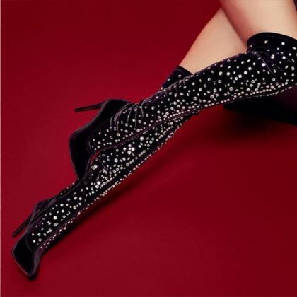 Sexy Rhinestone Pointed Toe Suede High Heel Over..