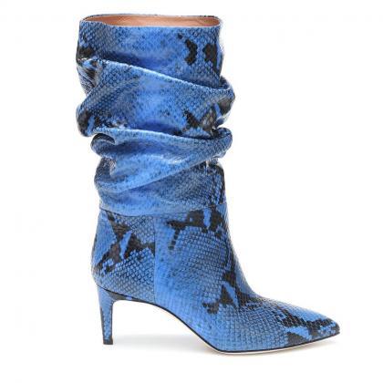 Sexy Dark Blue Pu Point Toe Fold High Heel Calf..