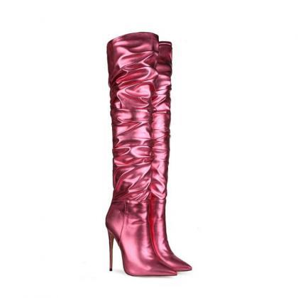 Rose Red Pu Point Toe Fold High Heel Over Knee..