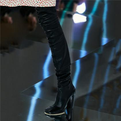 Fashion Pu Fold Chunky Heel Over Knee Boots