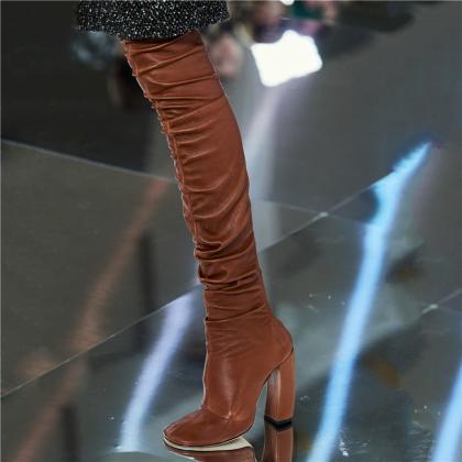 Fashion Pu Fold Chunky Heel Over Knee Boots