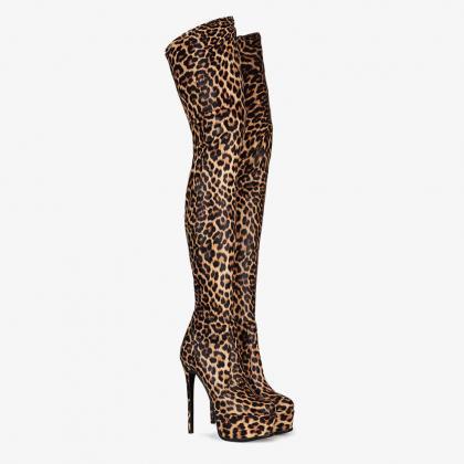 Sexy Leopard Pu Print Platform High Heel Thigh..