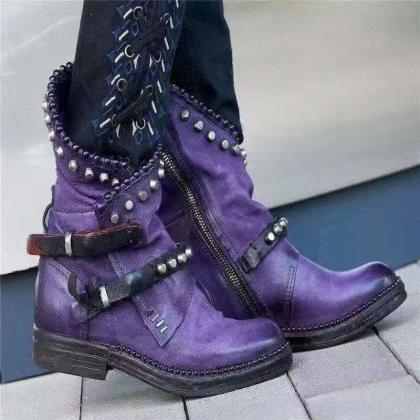 Purple Retro Suede Round Toe Buckle Low Heel Calf..