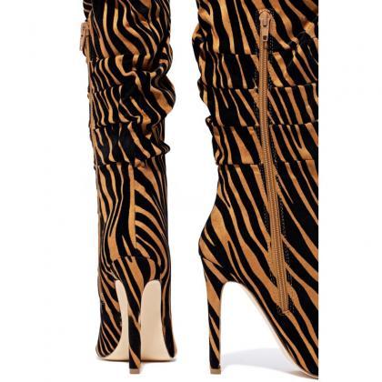 Zebra Suede Print Point Toe High Heel Knee High..