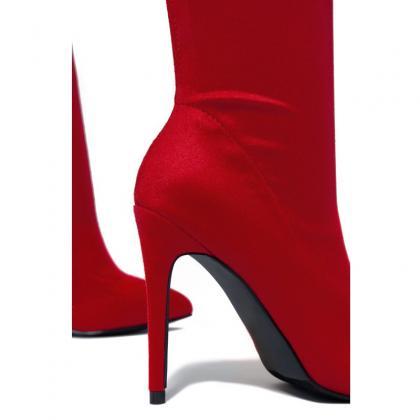 Red Suede Plian Point Toe High Heel Over Knee..
