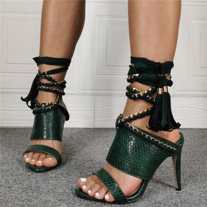 Dark Green Pu Open Toe Strap High Heel Sandals