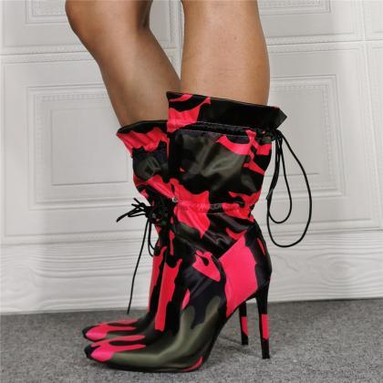 Sexy Rose Red Camo Point Toe Strap Calf Boots