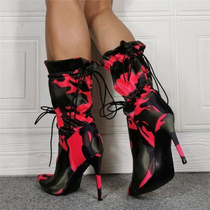 Sexy Rose Red Camo Point Toe Strap Calf Boots