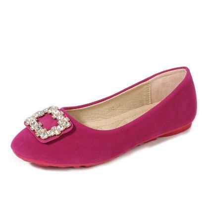 Diamond Button Flat Shoes-rose Red