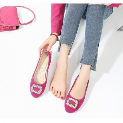 Diamond Button Flat Shoes-rose Red