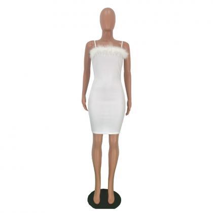 Feather Sling Party Dress-white