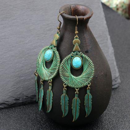 Retro Alloy Earrings Round Hand Wound Feather Leaf..
