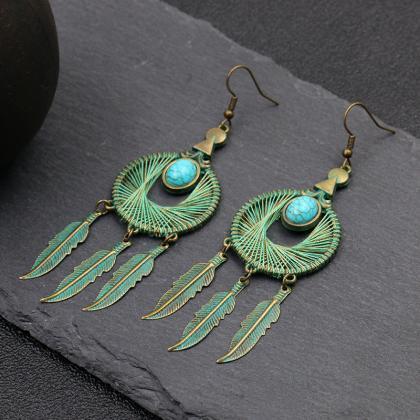 Retro Alloy Earrings Round Hand Wound Feather Leaf..