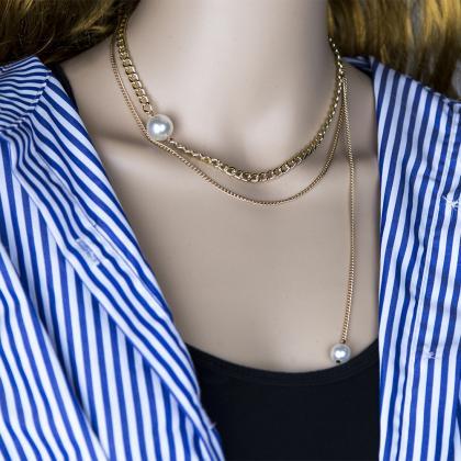 Popular Simple Pearl Double Layer Necklace Cross..