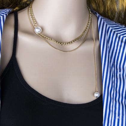 Popular Simple Pearl Double Layer Necklace Cross..
