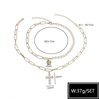 Alloy Double Layer Necklace, Cross Coin And Pearl..