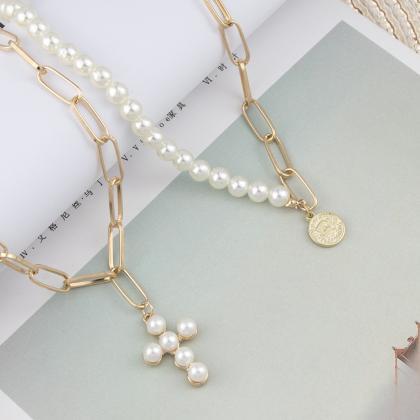 Alloy Double Layer Necklace, Cross Coin And Pearl..