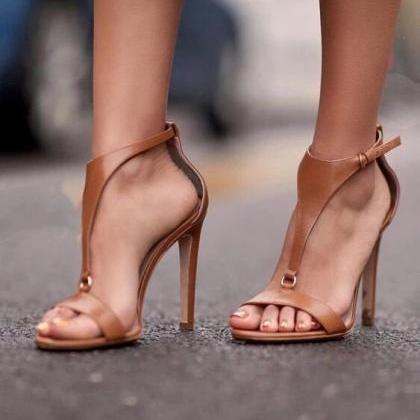 T-belt High-heeled Sandals For Women-brown