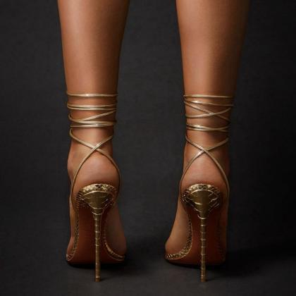 Golden Snake Pattern Bandage Thin Heel Cool Boots