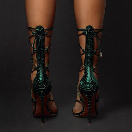 Pointed Roman Cross Strapped Boots With Thin Heels