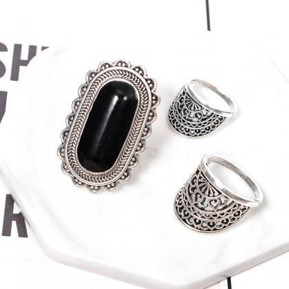 Bohemian Style Big Black Gem Ring 3-piece Ring Set