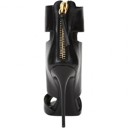 Sexy Black Leather Zipper Open Toe High Heel..