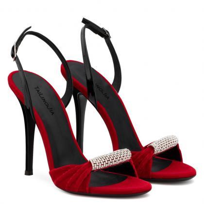 Black Red Velvet Diamond Super High Heel Sandals..