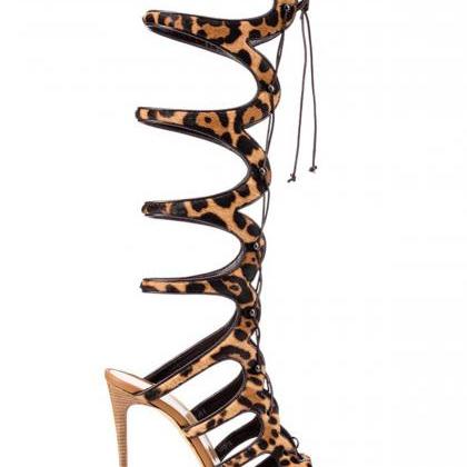 Roman Lace Up Cold High Heels Boots-leopard