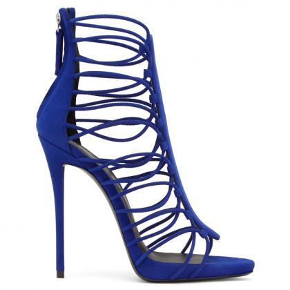 Roman Lace Up High Heel Open Toe Party Shoes-blue