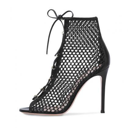 Black Sexy Open Toe Mesh Lace Up High Heel Boots