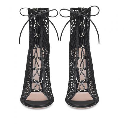 Black Sexy Open Toe Mesh Lace Up High Heel Boots