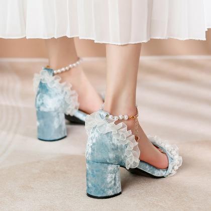 Lace Lolita Pearl Beaded Ruffle Suede Thick Heel..