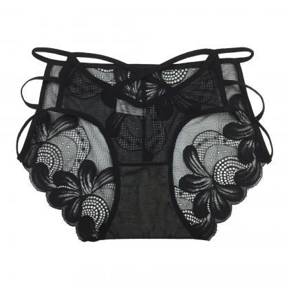 French Lace Underpants With Black Ribbon Hollow..