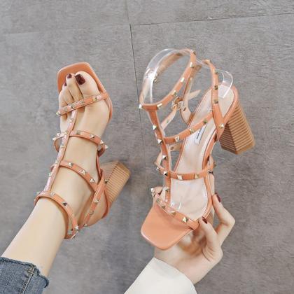 Rivet Sandals High Heeled Shoes-orange