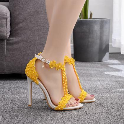 Open Toe Beaded High Heel Sandals-yellow