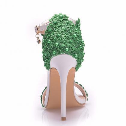Open Toe Beaded High Heel Sandals- Green