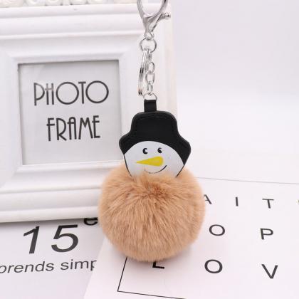 Christmas Snowman Hairball Key Ring Pu Leather..