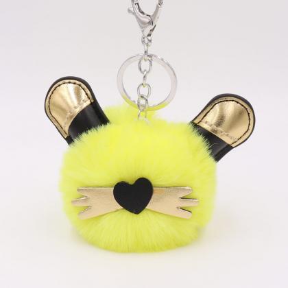 Gold Ear Beard Black Cat Hair Ball Key Chain..