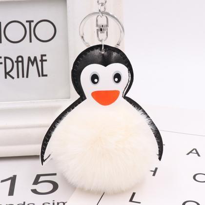 Cartoon Leather Penguin Fur Ball Key Chain Pendant..