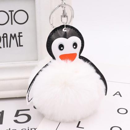 Cartoon Leather Penguin Fur Ball Key Chain Pendant..