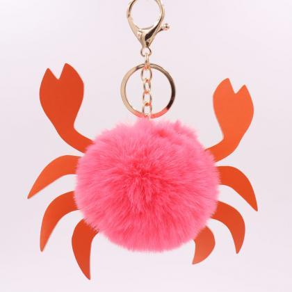 Marine Animal Crab Hairball Key Chain Pu Leather..