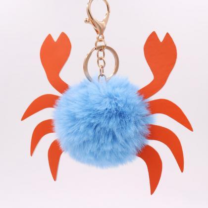 Marine Animal Crab Hairball Key Chain Pu Leather..