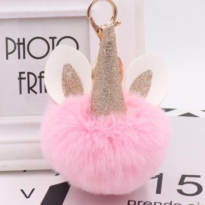 Unicorn Fur Ball Key Chain Imitation Rex Rabbit..