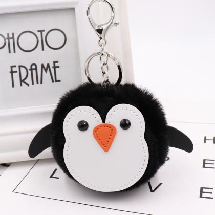 Cute Penguin Fur Ball Keychain Pu Leather Animal..