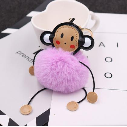 Cute Cartoon Monkey Hairball Key Ring Leather..