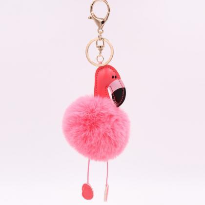 Creative Pu Leather Red Flamingo Hair Ball Key..
