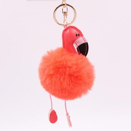 Creative Pu Leather Red Flamingo Hair Ball Key..