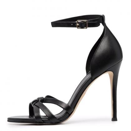 Black Pu Round Head Thin High-heeled Sandals