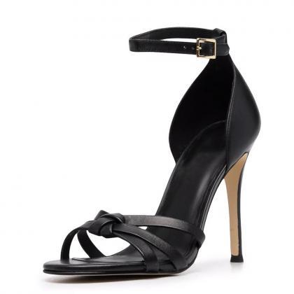 Black Pu Round Head Thin High-heeled Sandals