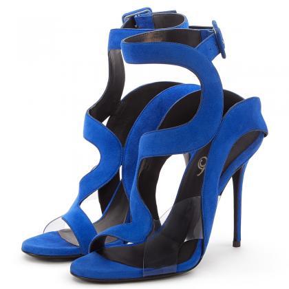 Open Toe Suede Buckle High-heeled Sandals-blue
